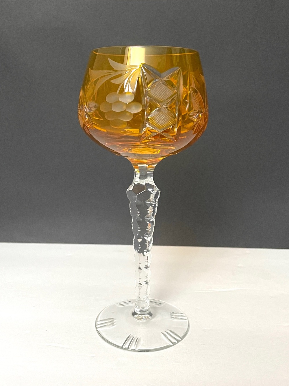 VTG Nachtmann Traube Amber Cut-to-Clear Crystal Wine Hock Glass Germany, 8” Tall
